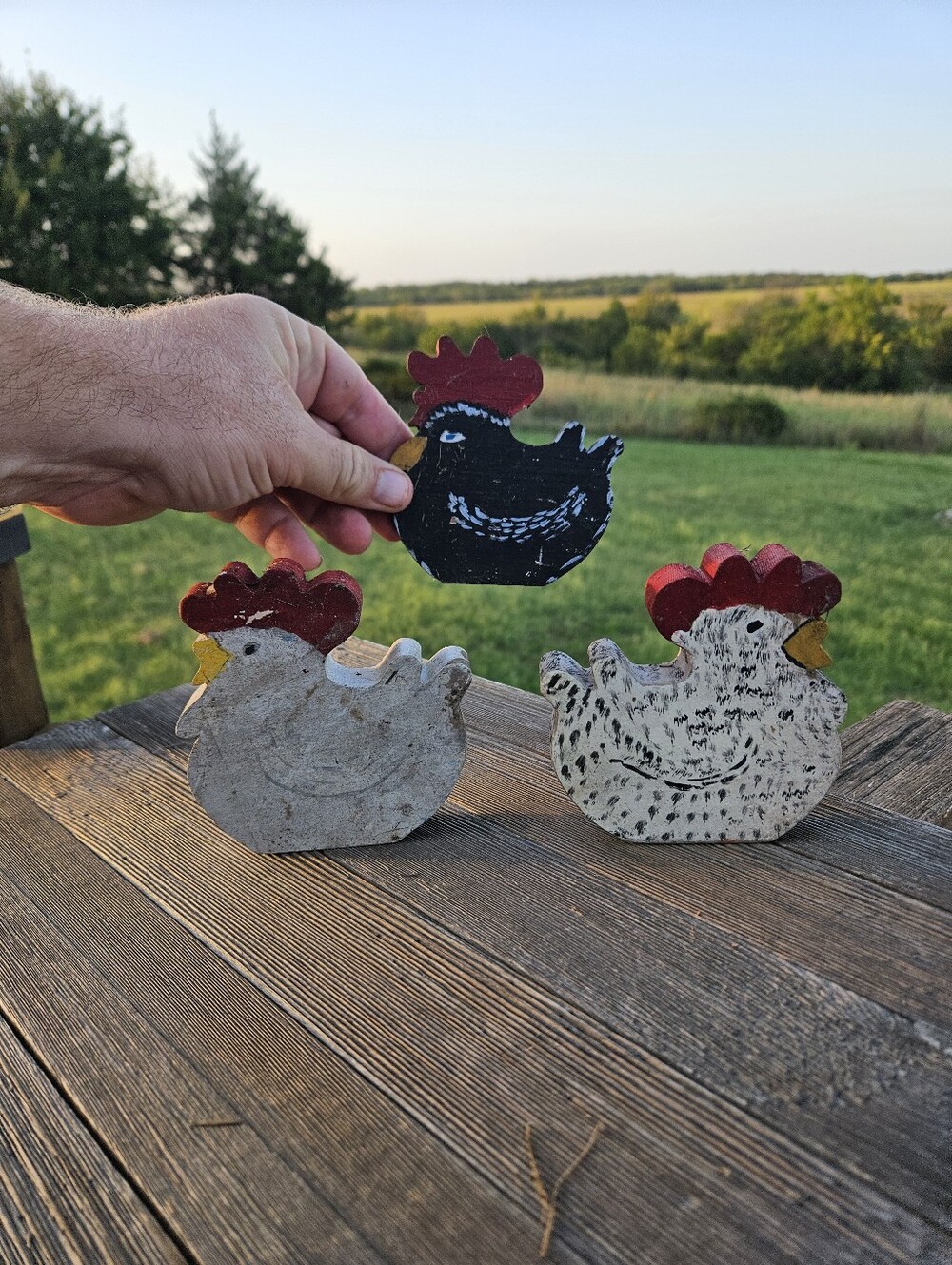 VTG Primitive Folk Art Wood Chicken Rooster Figurine Lot 3 Farmhouse Country Dec